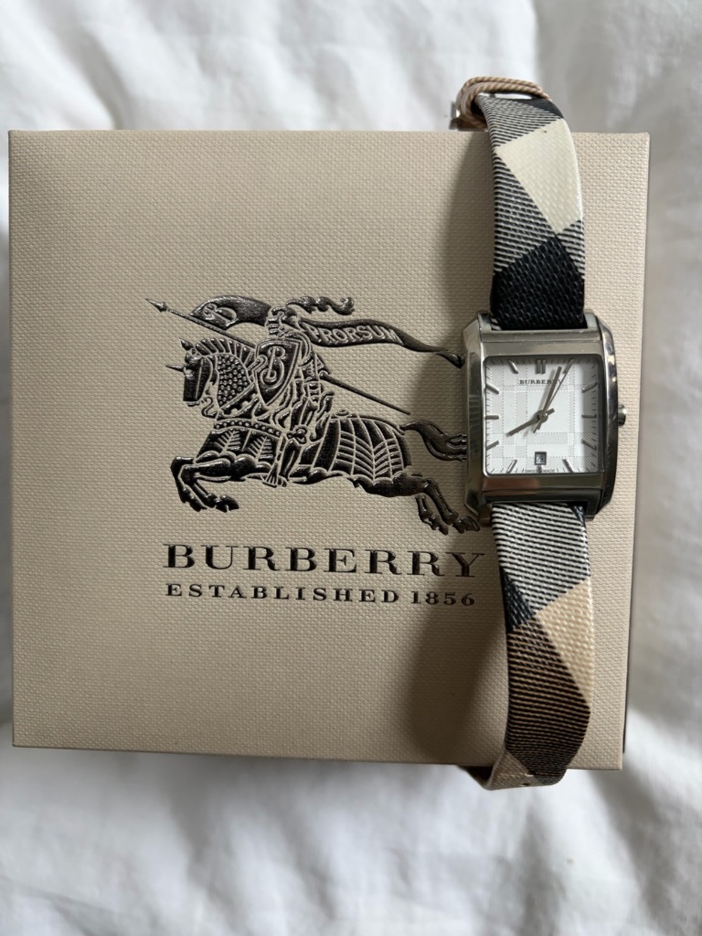 Burberry Silver-Tone Rectangular Watch with Black and Beige Check Strap - Picture 2 of 7
